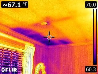 Picture taken with an infrared camera which shows moisture in a ceiling that could lead to mold growth.